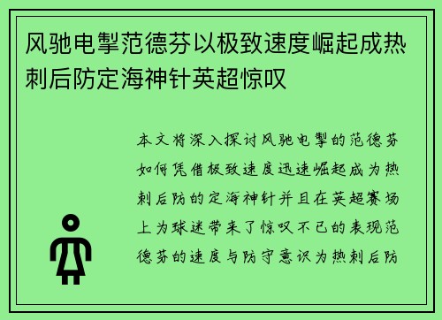 风驰电掣范德芬以极致速度崛起成热刺后防定海神针英超惊叹 风驰电掣范德芬以极致速度崛起成热刺后防定海神针英超惊叹