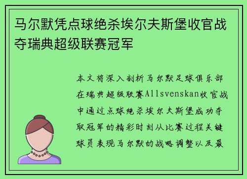 马尔默凭点球绝杀埃尔夫斯堡收官战夺瑞典超级联赛冠军 马尔默凭点球绝杀埃尔夫斯堡收官战夺瑞典超级联赛冠军